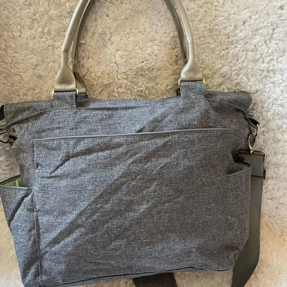 JJ Cole light gray fabric Caprice diaper bag aqua blue lining .